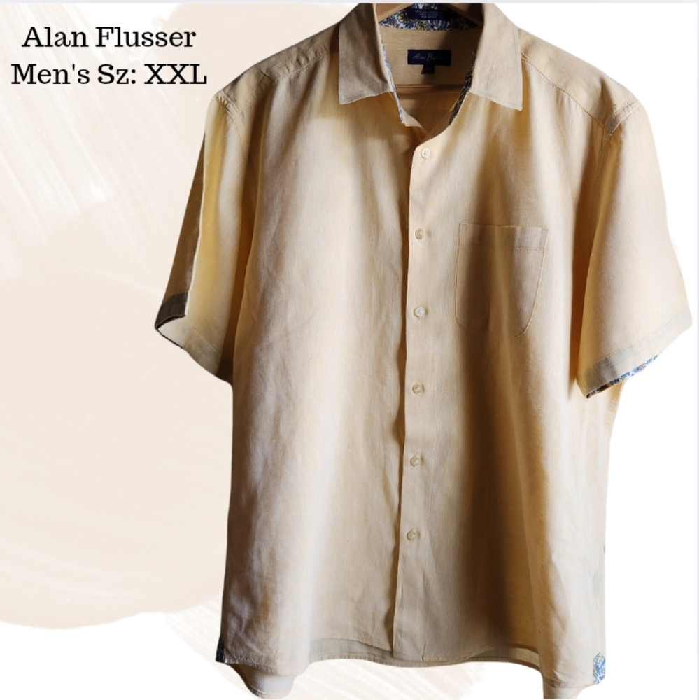 Alan Flusser Men's XXL S/S Button Down Linen‎ Blend- Blue Floral Paisley Trim